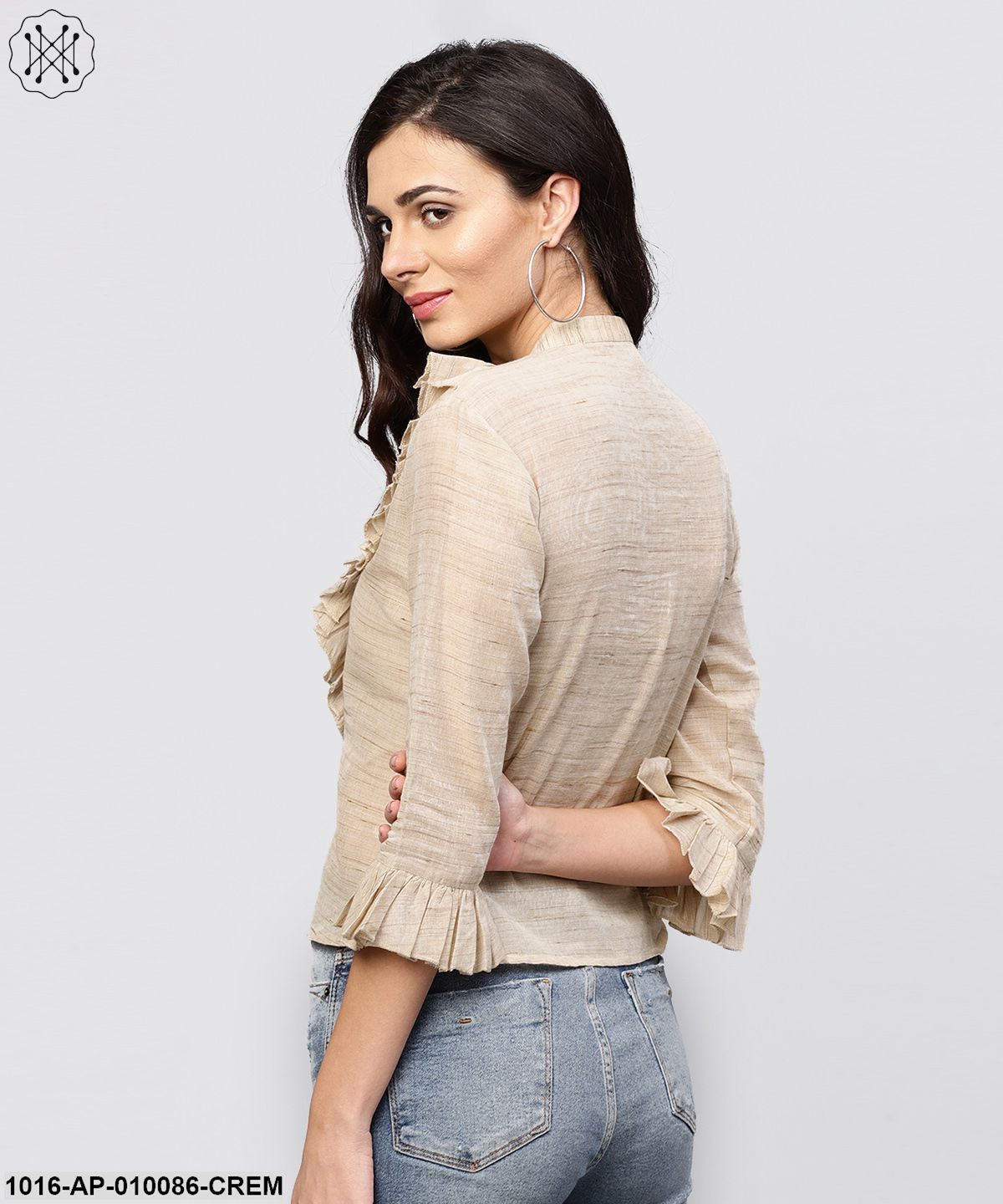 Ruffled Yoke With Open Center Placket Top With Pleated Sleeves And Madarin Collar