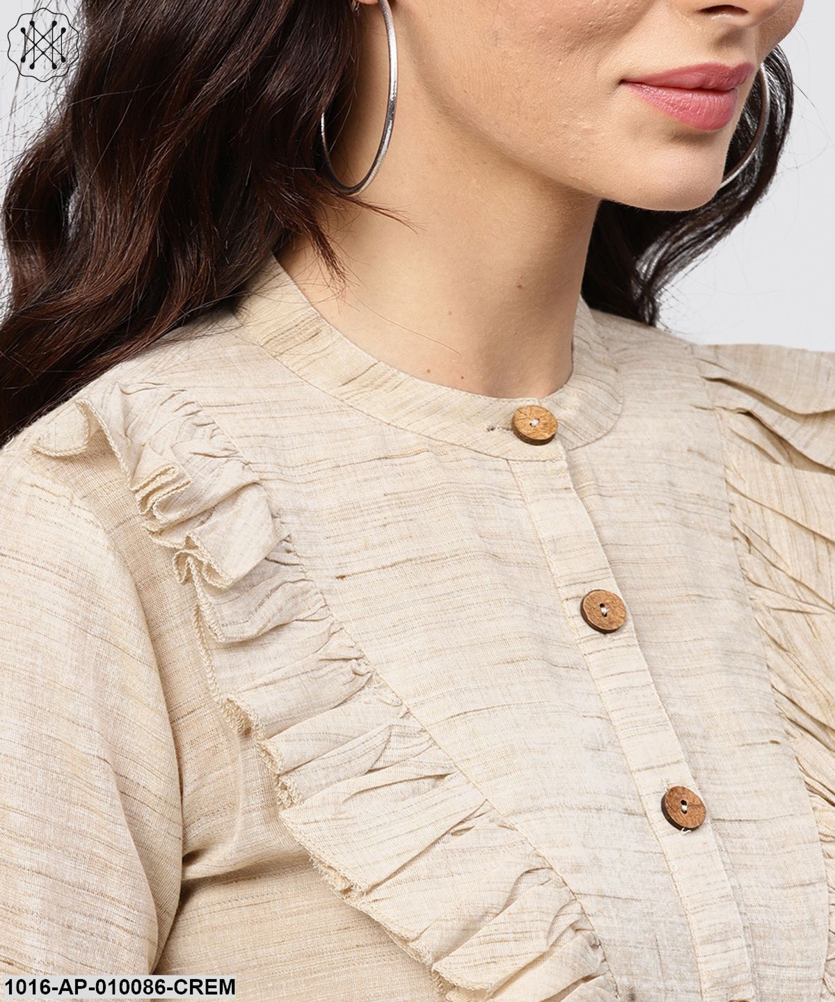 Ruffled Yoke With Open Center Placket Top With Pleated Sleeves And Madarin Collar