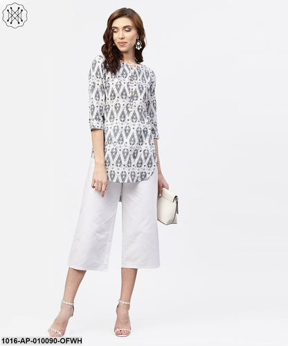 Off White Printed Long Top With Front Placket And 3/4 Sleeves