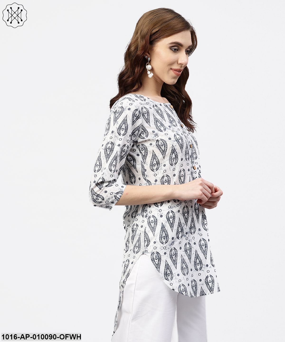 Off White Printed Long Top With Front Placket And 3/4 Sleeves