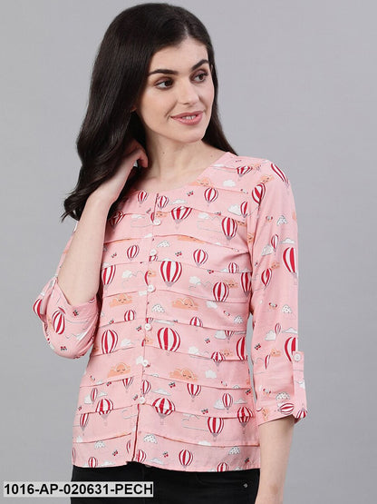 Peach-Coloured Printed Shirt Style Top