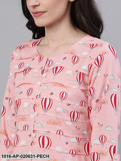 Peach-Coloured Printed Shirt Style Top