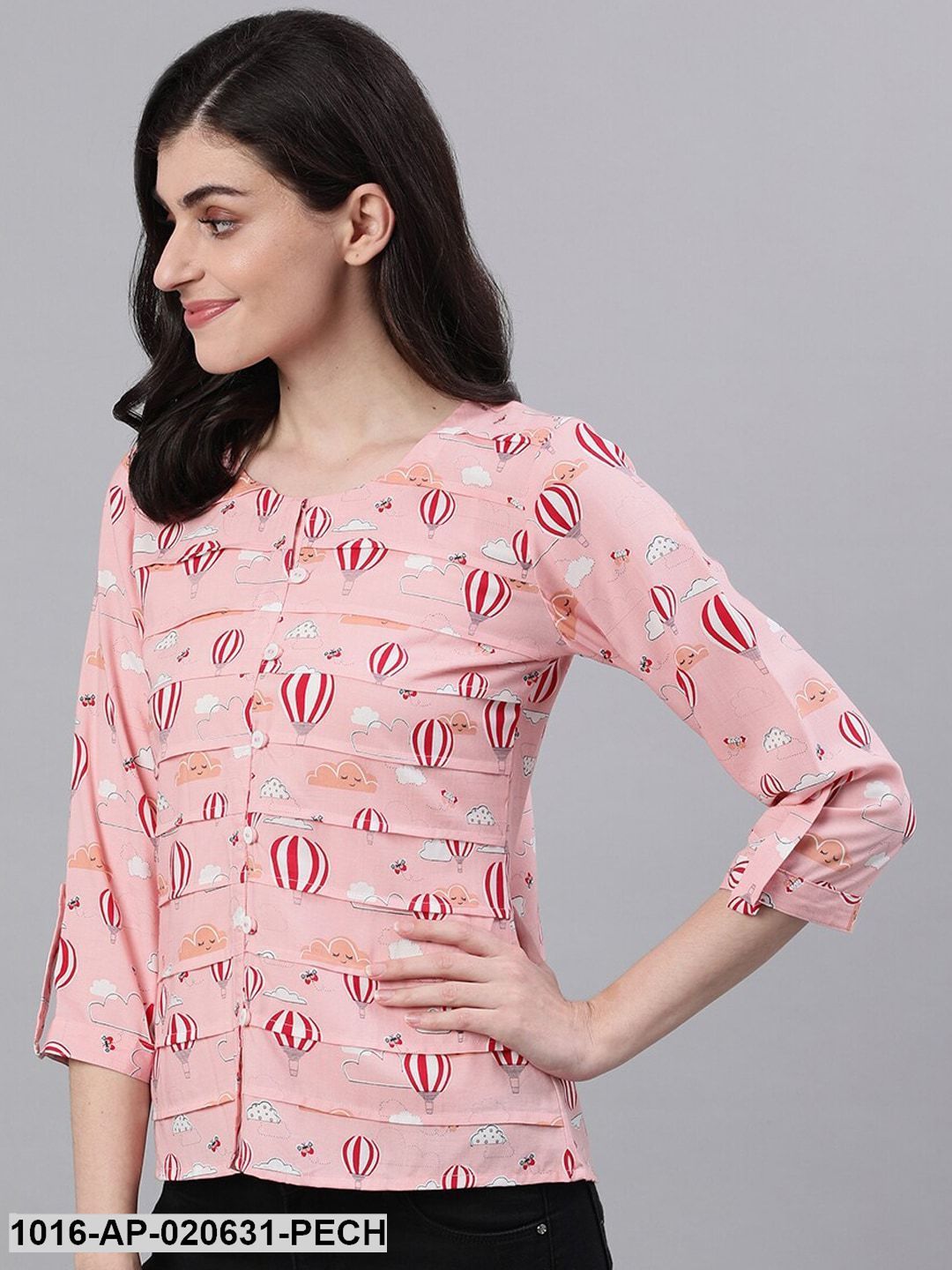 Peach-Coloured Printed Shirt Style Top