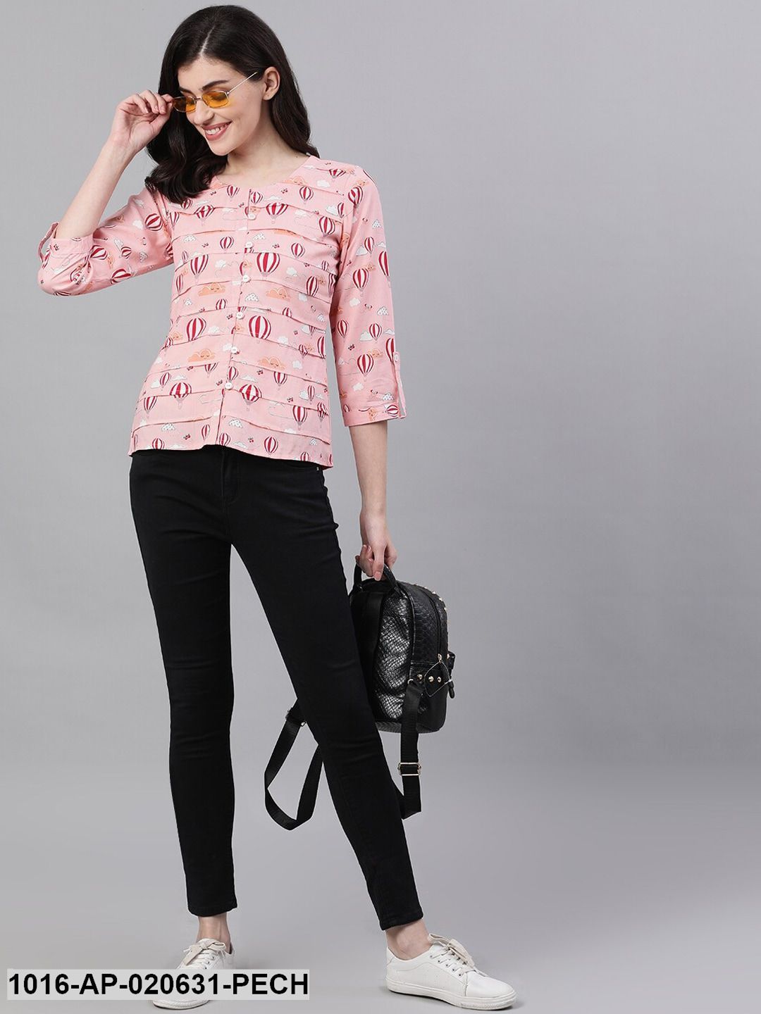 Peach-Coloured Printed Shirt Style Top
