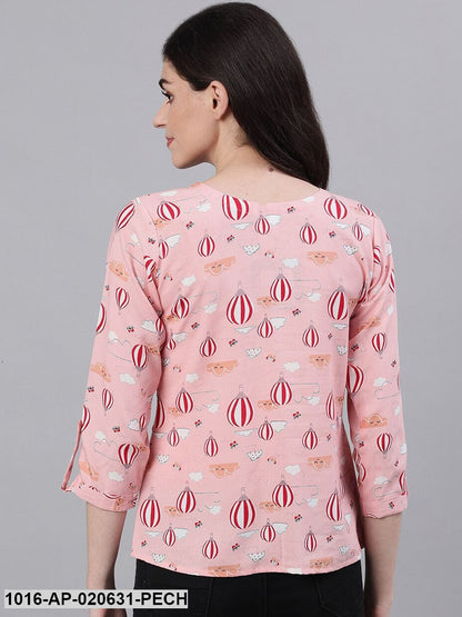 Peach-Coloured Printed Shirt Style Top