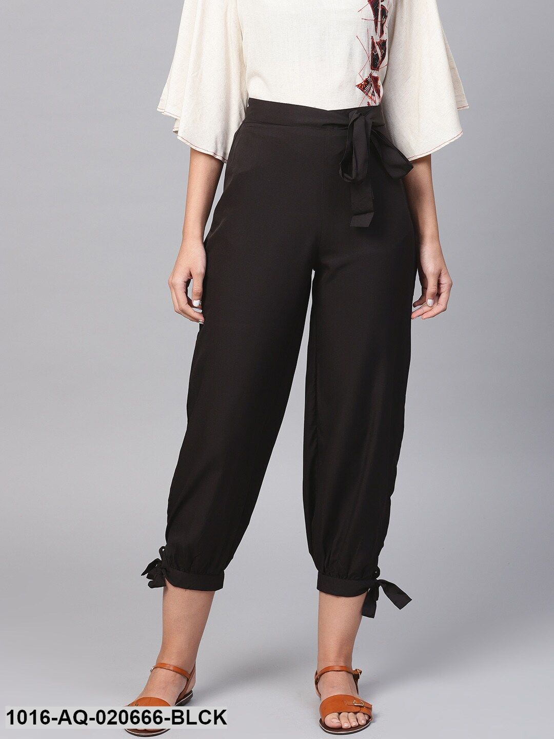 Black Solid Loose Fit Cropped Regular Trousers