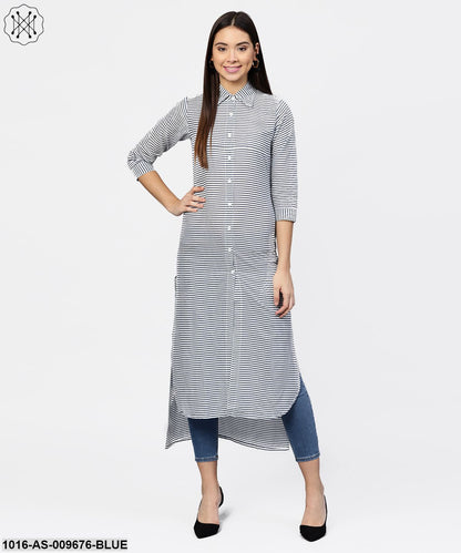 Blue Striped 3/4Th Sleeve Cotton Tunic