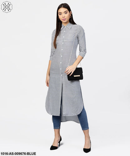 Blue Striped 3/4Th Sleeve Cotton Tunic