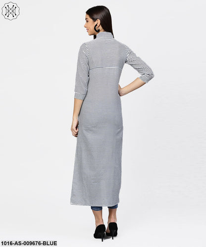 Blue Striped 3/4Th Sleeve Cotton Tunic