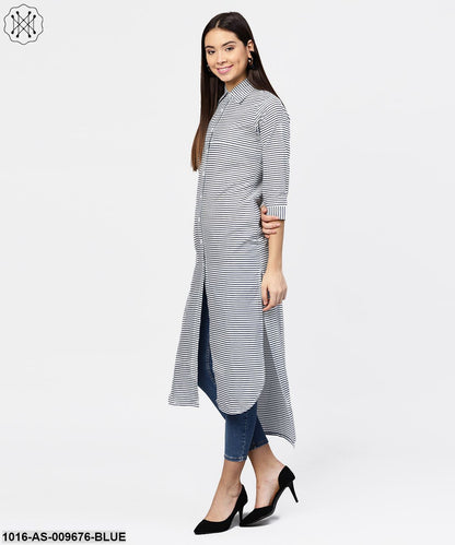 Blue Striped 3/4Th Sleeve Cotton Tunic