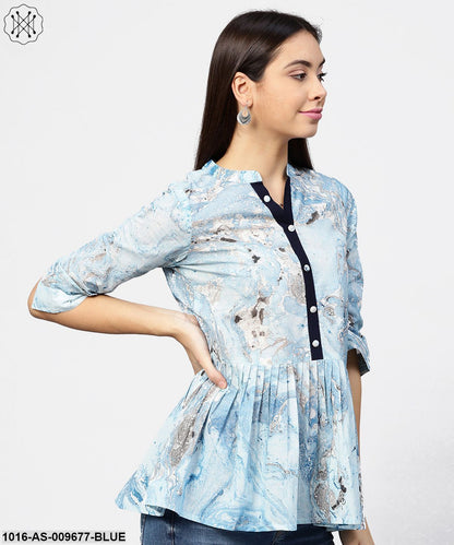 Marble Printed Chinese Collared, Pleated Yoke With 3/4Th Sleeves Top