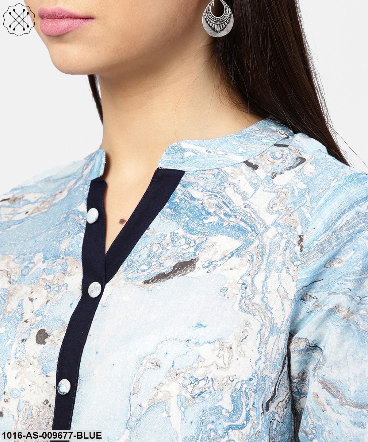 Marble Printed Chinese Collared, Pleated Yoke With 3/4Th Sleeves Top
