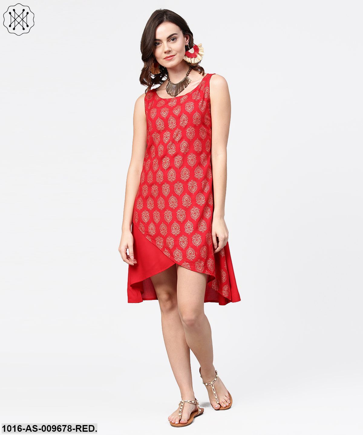 Red Printed Sleeveless Cotton Low High Tunic