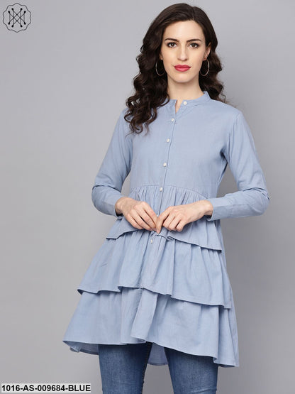 Solid Ice Blue Tired Tunic With Madarin Collar & 3/4 Sleeves