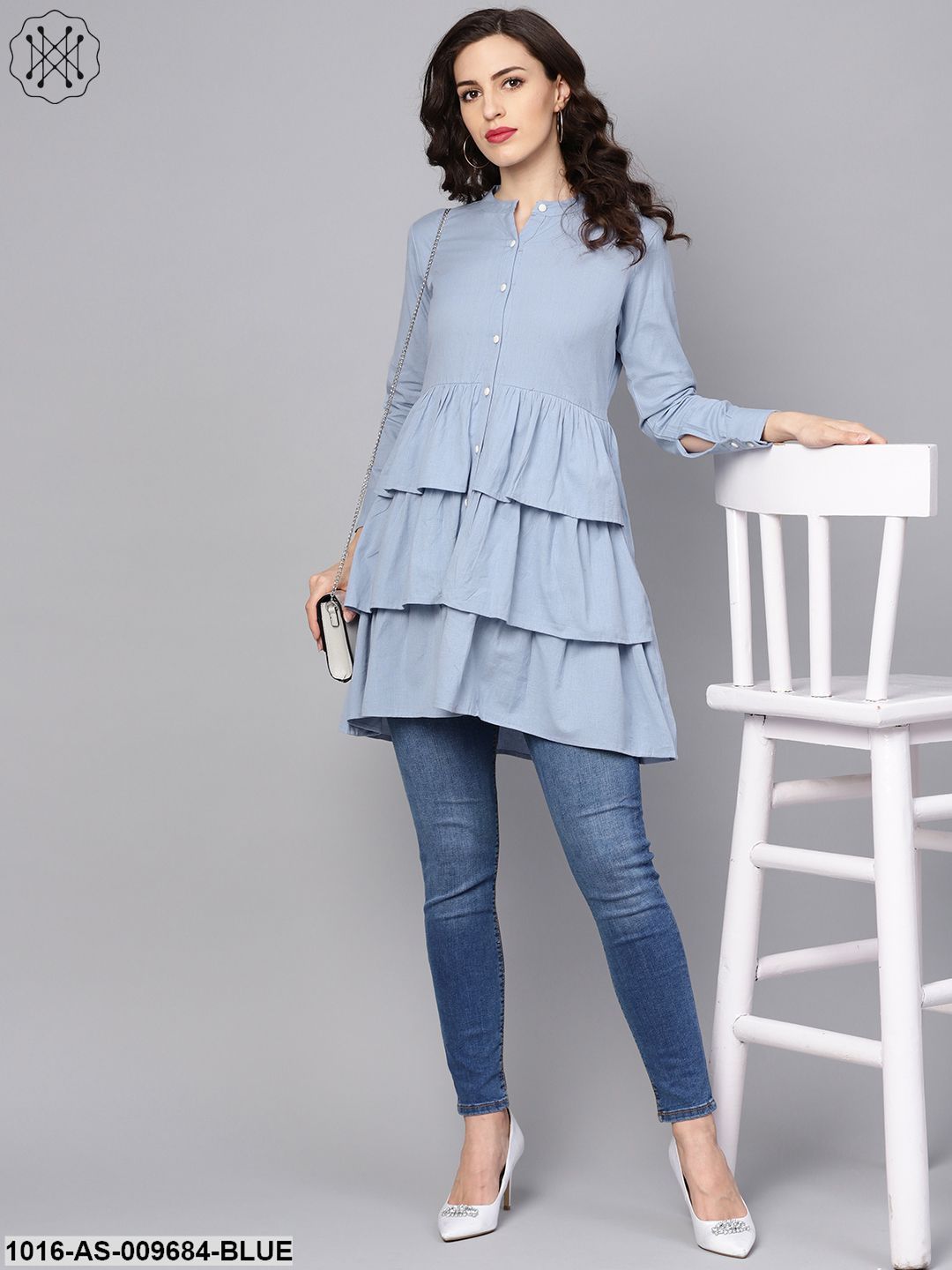 Solid Ice Blue Tired Tunic With Madarin Collar & 3/4 Sleeves