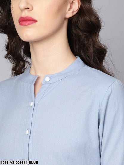 Solid Ice Blue Tired Tunic With Madarin Collar & 3/4 Sleeves