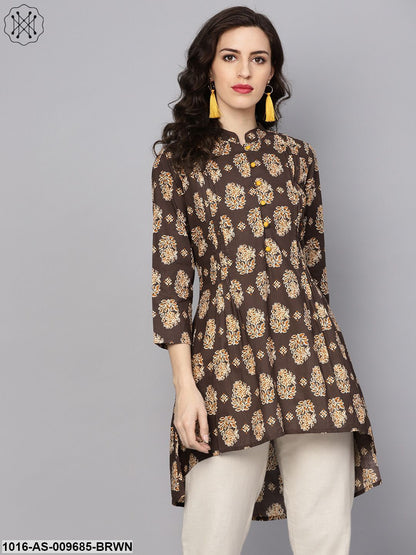 Chocolate Brown Printed Tunic With Madarin Collar And 3/4 Sleeves