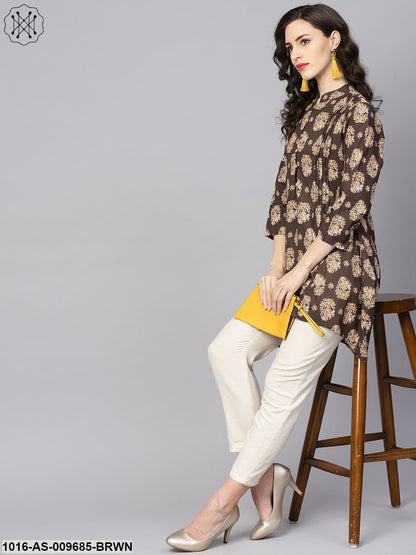 Chocolate Brown Printed Tunic With Madarin Collar And 3/4 Sleeves