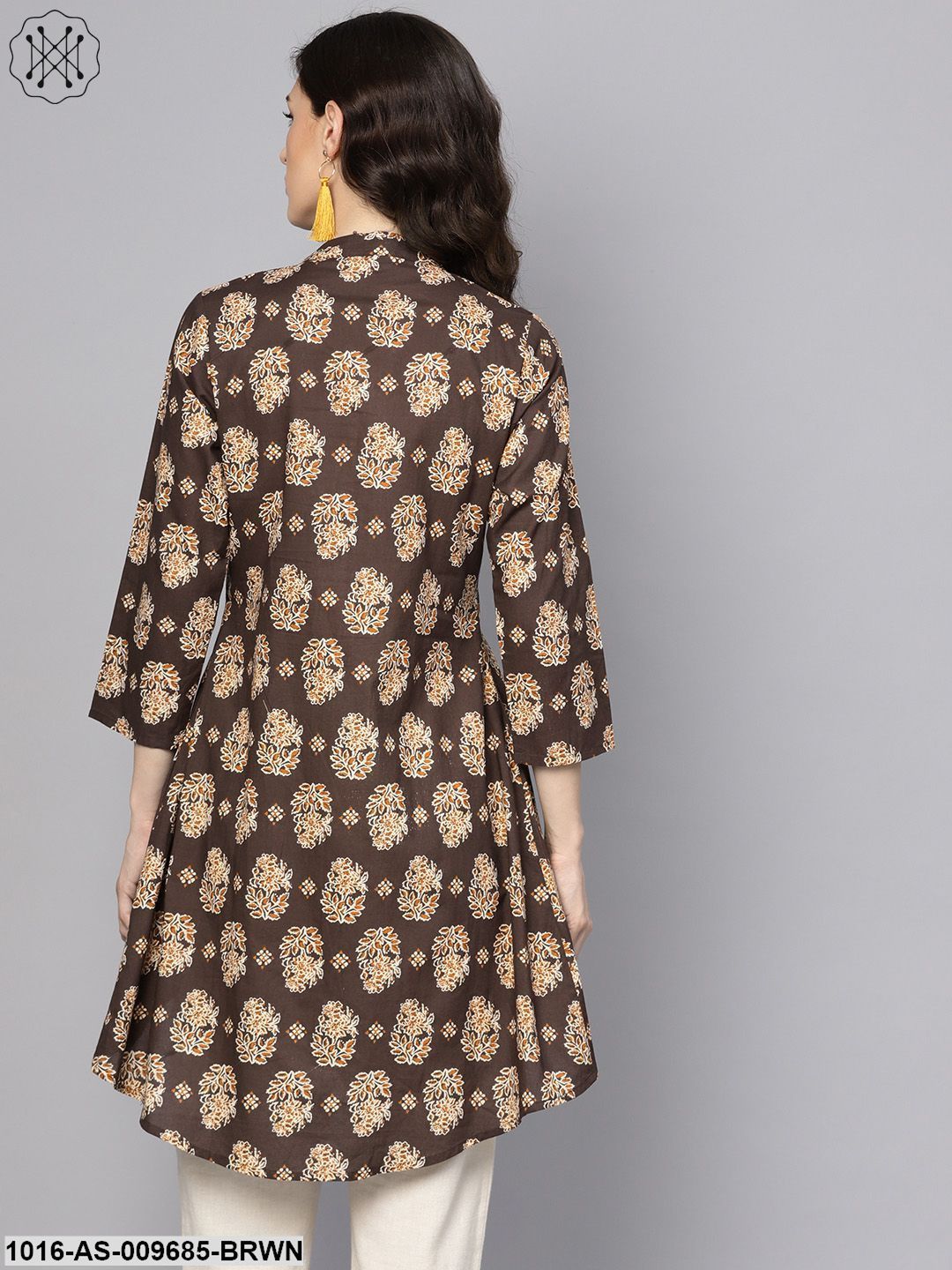 Chocolate Brown Printed Tunic With Madarin Collar And 3/4 Sleeves