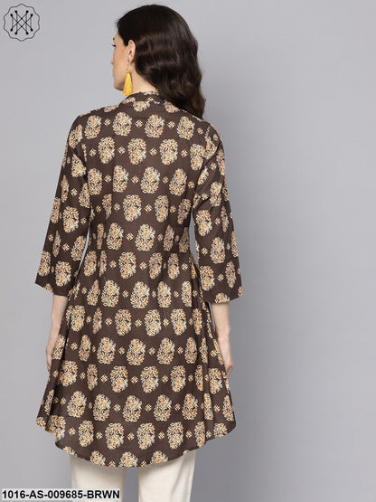 Chocolate Brown Printed Tunic With Madarin Collar And 3/4 Sleeves