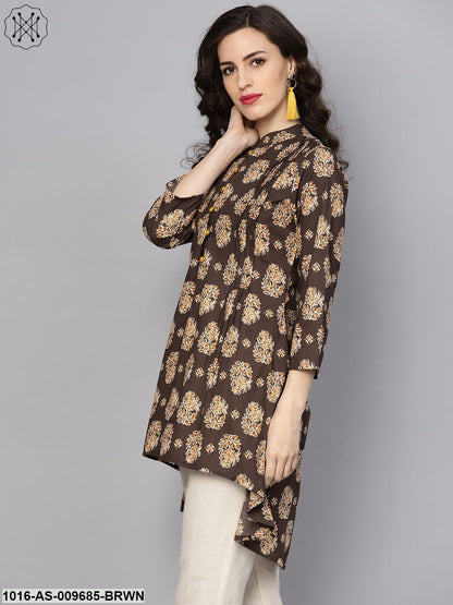 Chocolate Brown Printed Tunic With Madarin Collar And 3/4 Sleeves