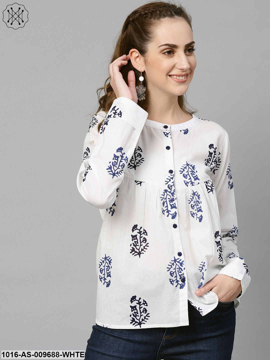White Navy Blue Printed Tunic With Mandarin Collar & Full Sleeves