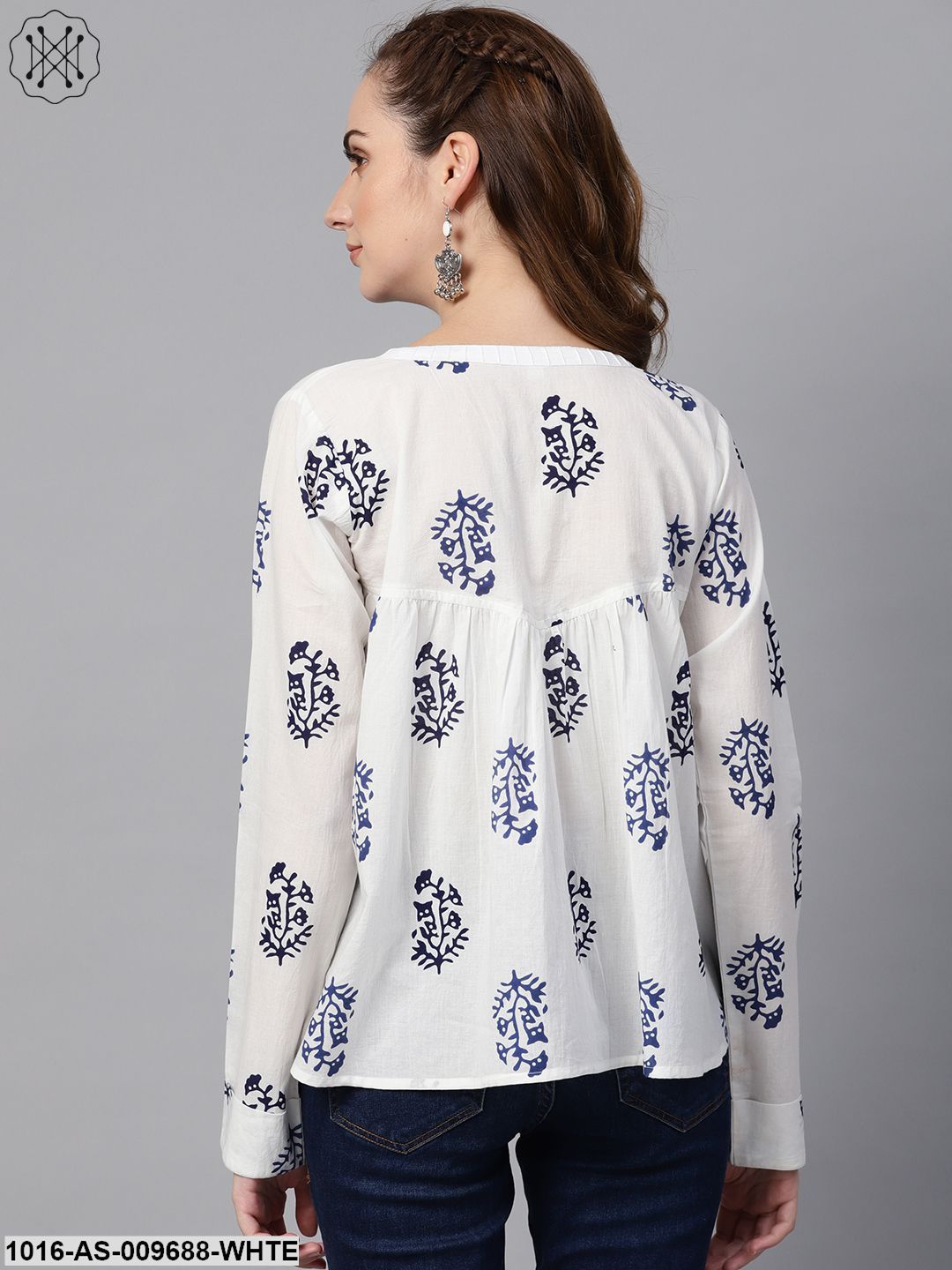 White Navy Blue Printed Tunic With Mandarin Collar & Full Sleeves
