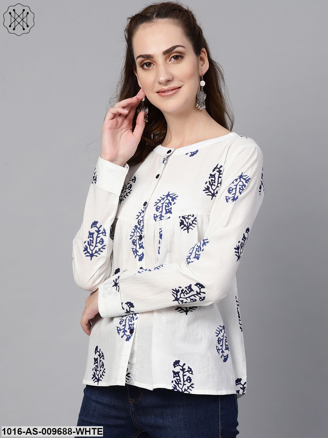White Navy Blue Printed Tunic With Mandarin Collar & Full Sleeves