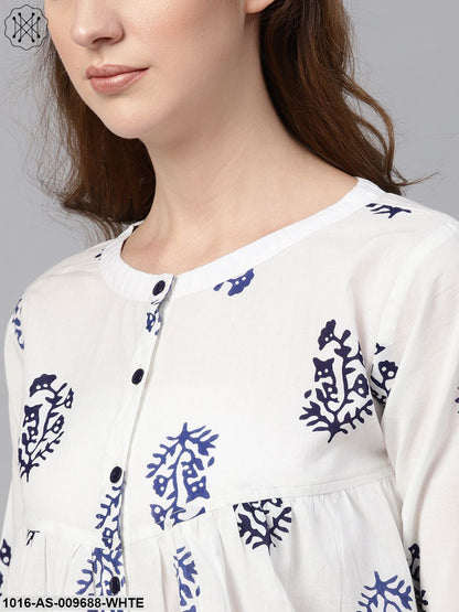 White Navy Blue Printed Tunic With Mandarin Collar & Full Sleeves
