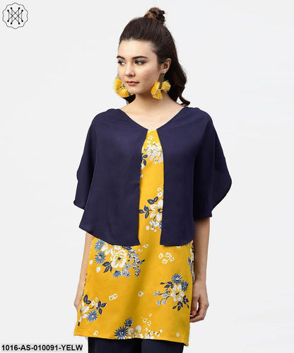 Yellow Printed Tunic With Attached Cape Sleeves And V-Neck