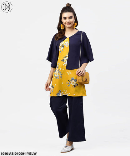 Yellow Printed Tunic With Attached Cape Sleeves And V-Neck