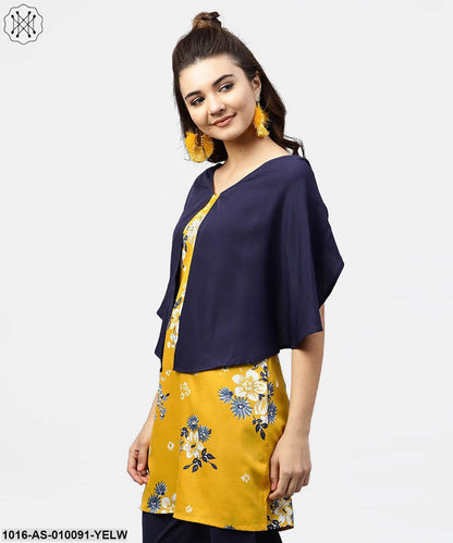 Yellow Printed Tunic With Attached Cape Sleeves And V-Neck