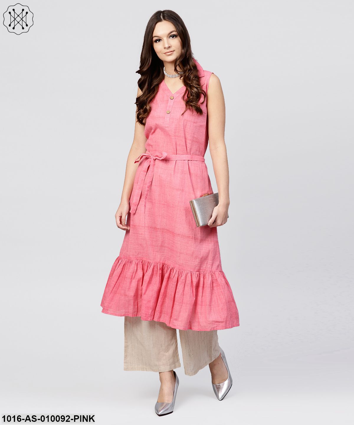 Pink Cotton Tiered Dress With Shirt Collar And Front Packet