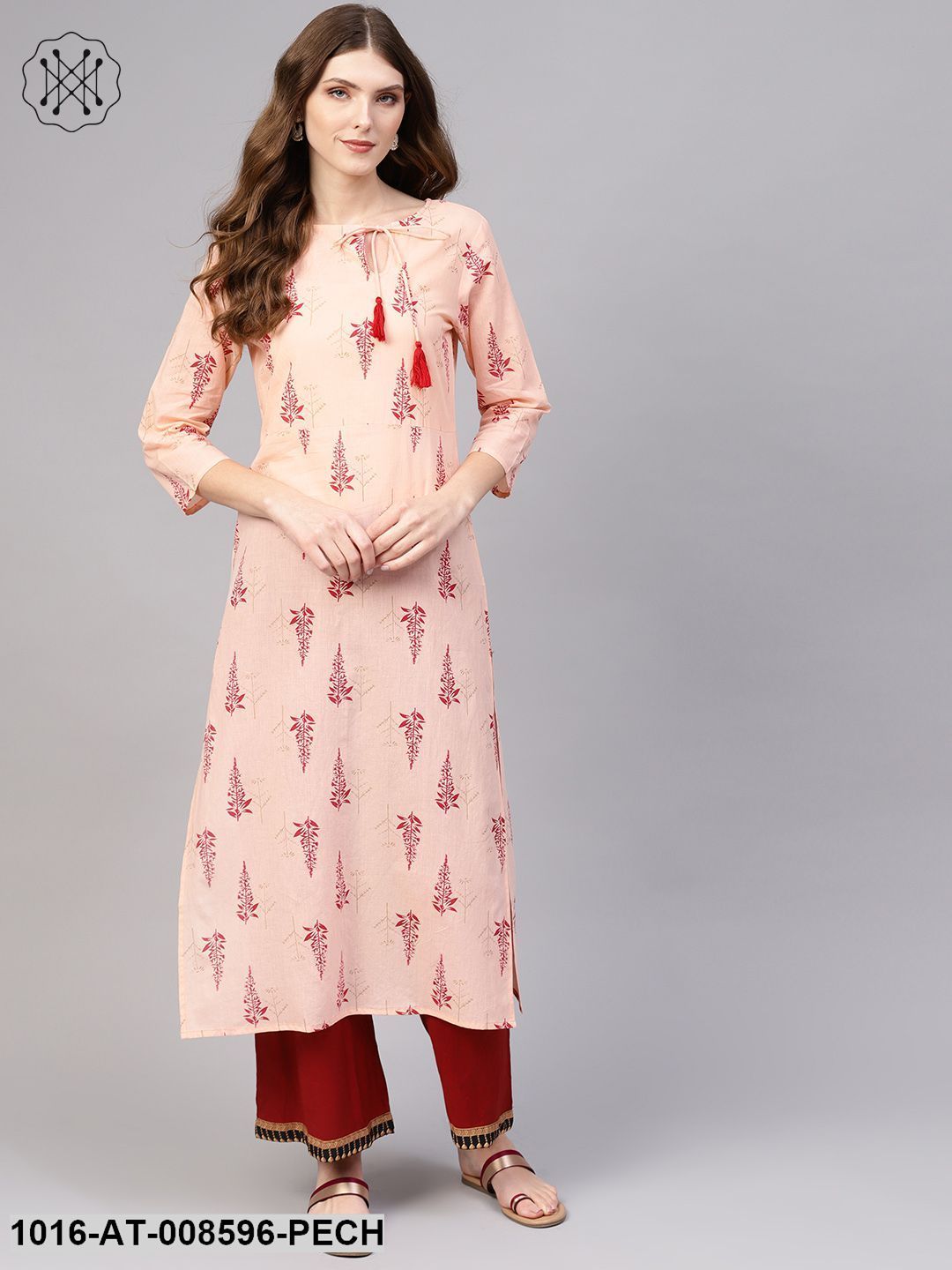 Peach & Red Gold Printed Kurta With Side Keyhole Neck & 3/4 Sleeves