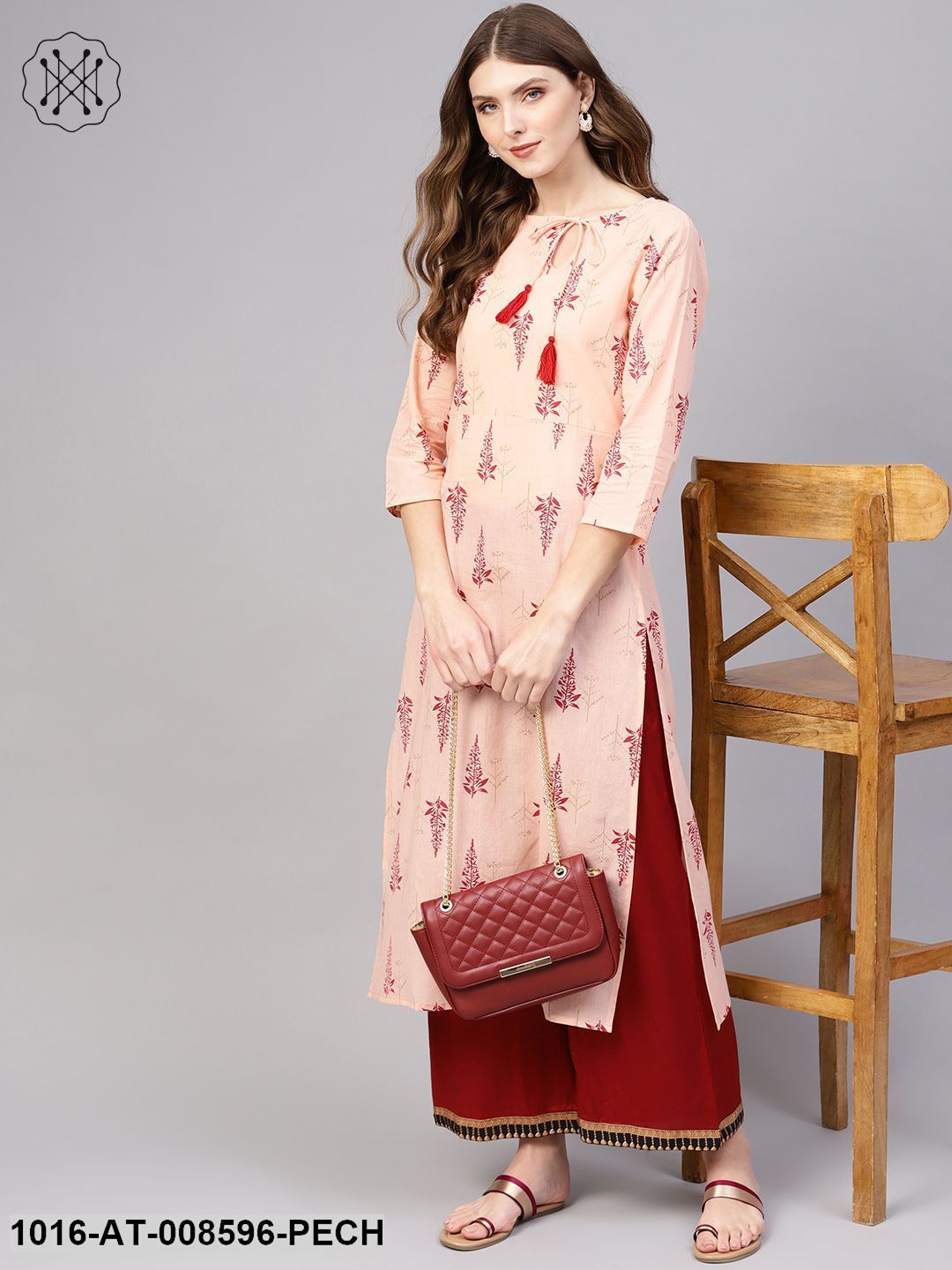 Peach & Red Gold Printed Kurta With Side Keyhole Neck & 3/4 Sleeves