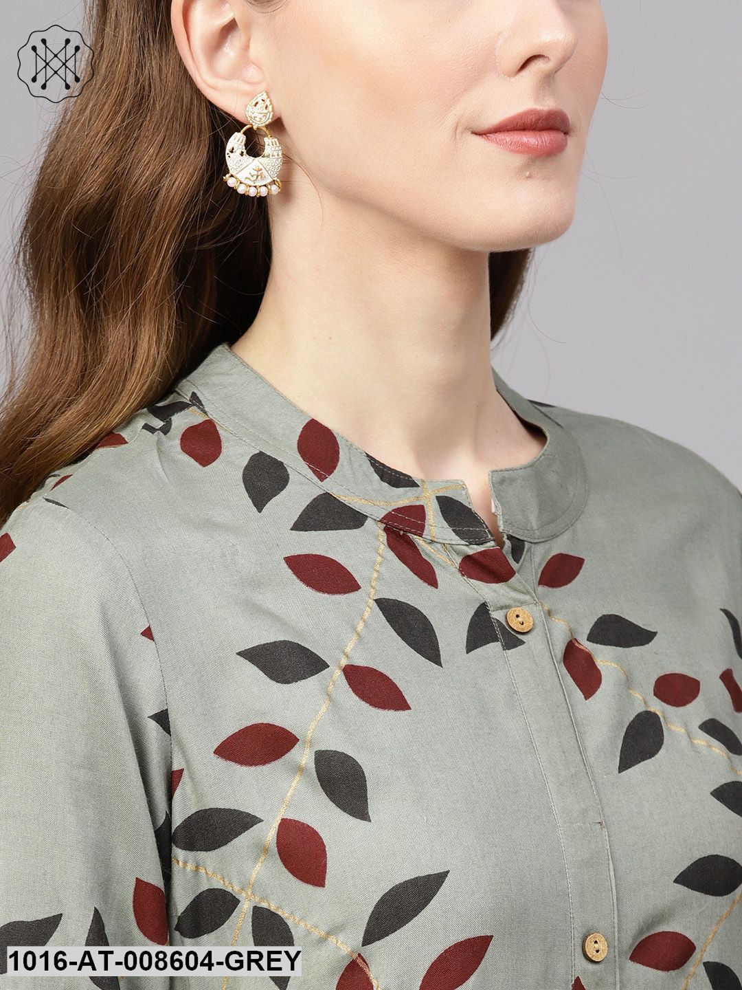Grey Printed Kurta With Mandarin Collar With 3/4 Sleeves