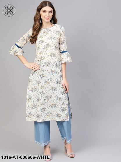 White & Blue Floral Printed Straight Kurta With Round Neck & Flared Sleeves