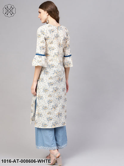 White & Blue Floral Printed Straight Kurta With Round Neck & Flared Sleeves