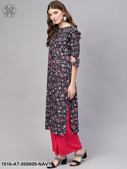 Blue & Pink Floral Printed Straight Kurta With Keyhole Neck & 3/4 Sleeves