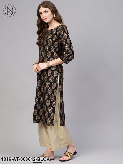 Black Gold Printed Straight Kurta With Round Neck & 3/4 Sleeves