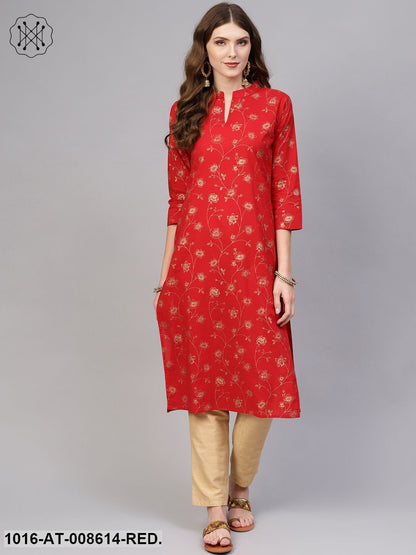 Red Gold Printed Straight Kurta With Round Neck & 3/4 Sleeves