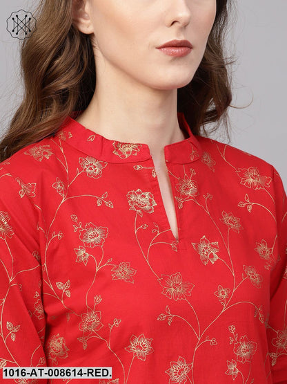 Red Gold Printed Straight Kurta With Round Neck & 3/4 Sleeves