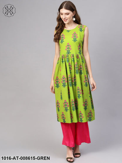 Green Printed Without Sleeves Gathered Kurta With Round Neck