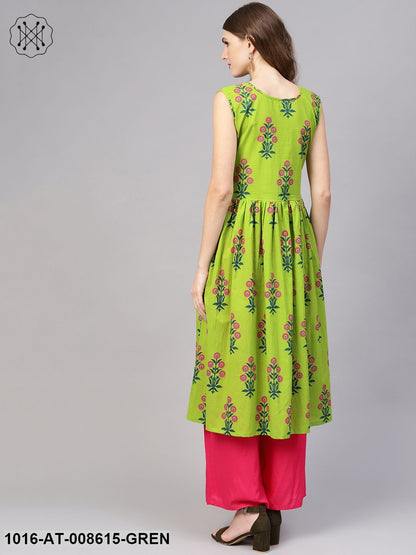 Green Printed Without Sleeves Gathered Kurta With Round Neck