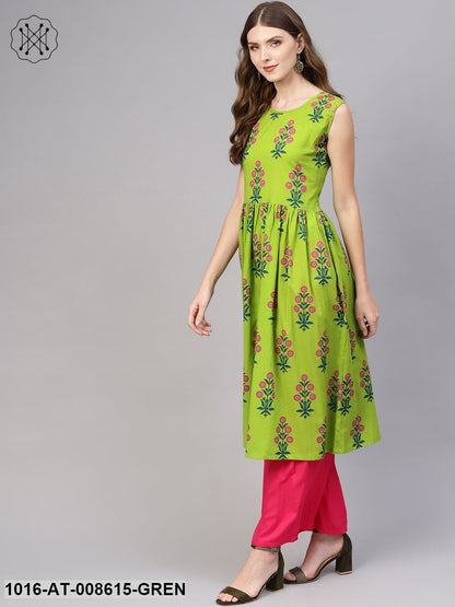 Green Printed Without Sleeves Gathered Kurta With Round Neck