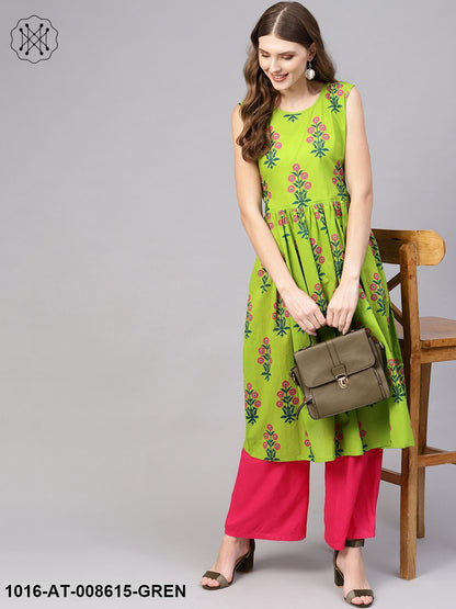 Green Printed Without Sleeves Gathered Kurta With Round Neck