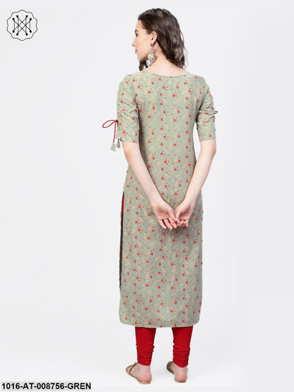 Green floral printed straight kurta with Round & detailed sleeves