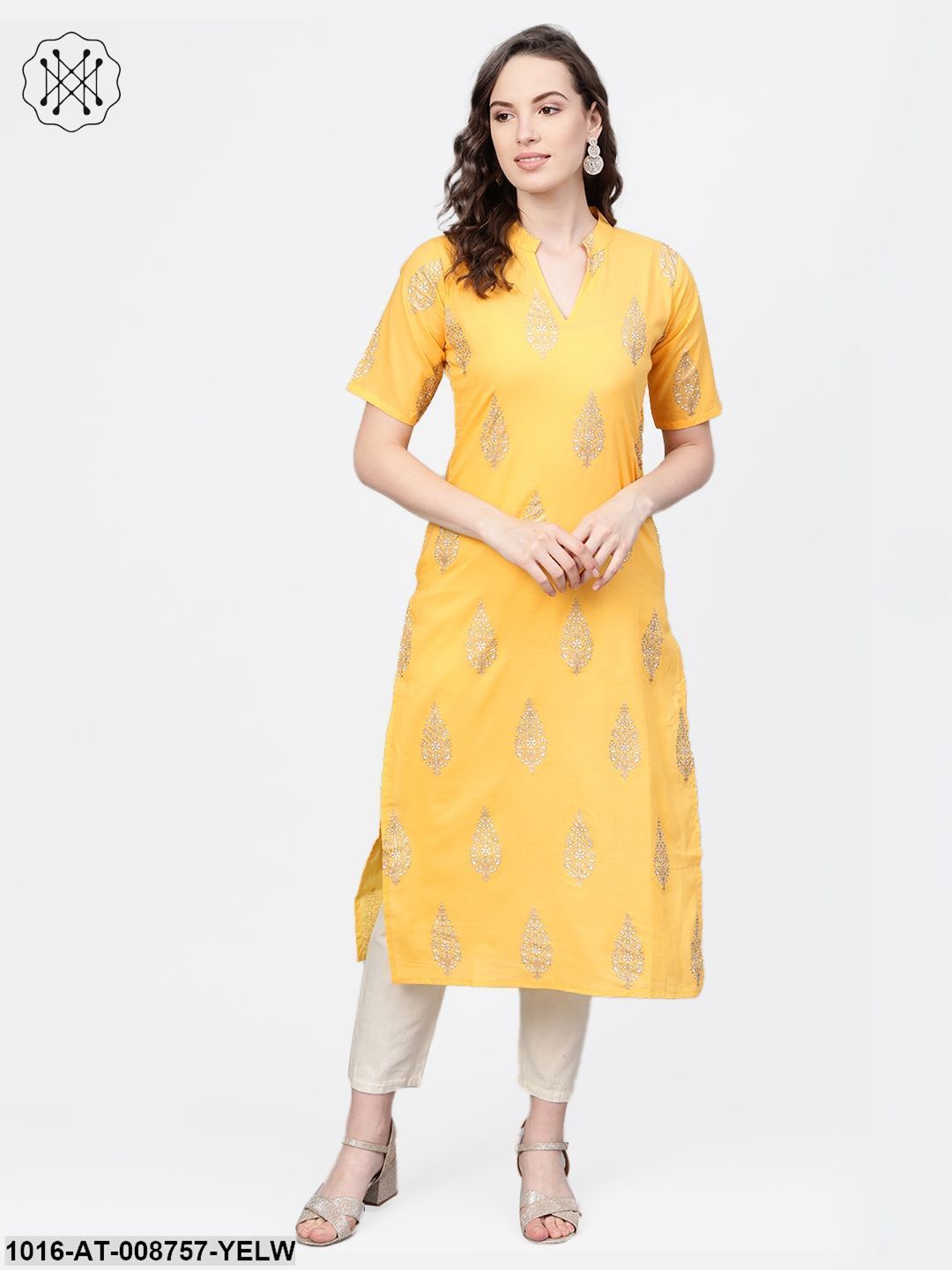 Yellow gold printed Kurta with Mandarin collar with half sleeves