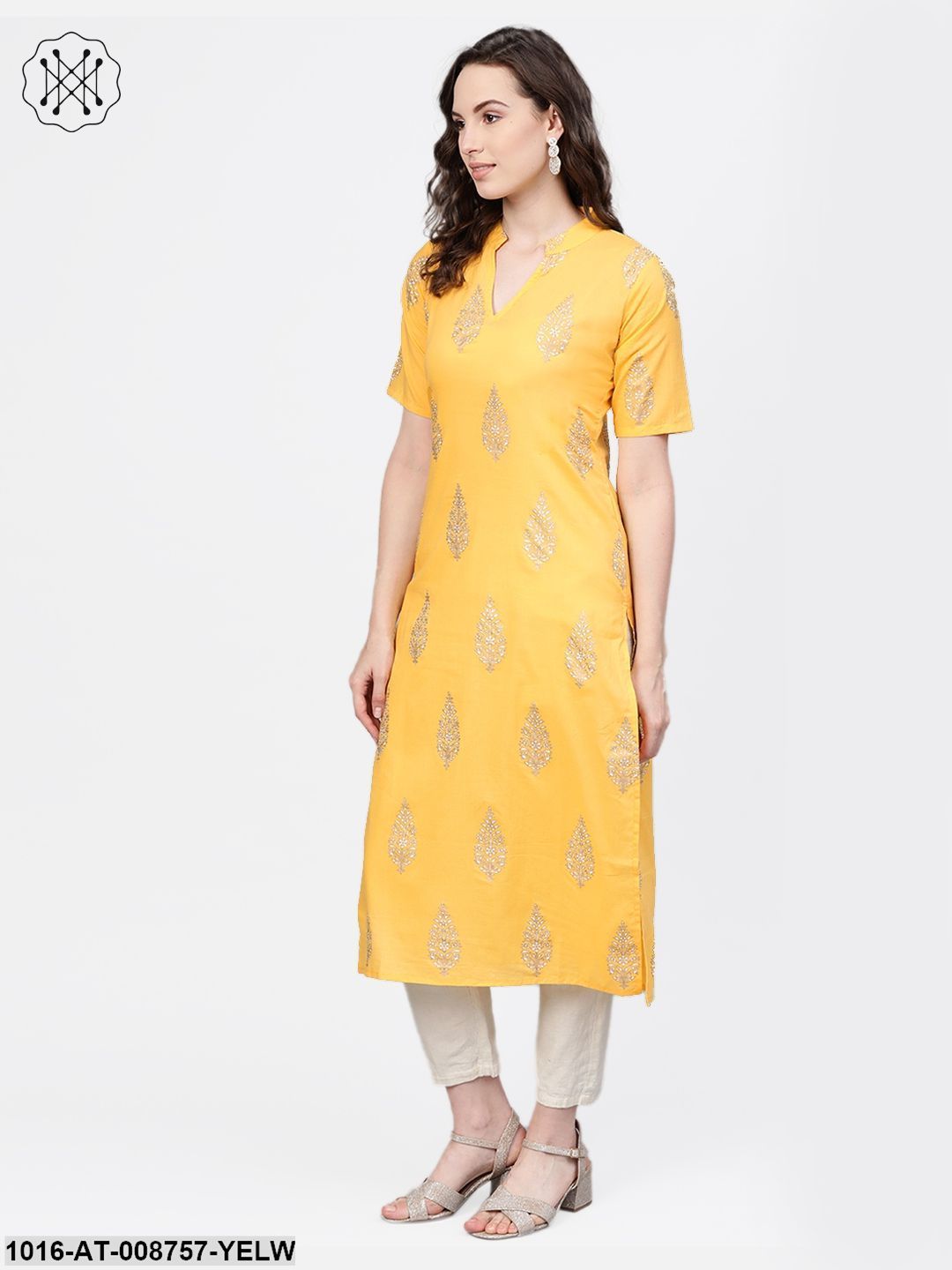 Yellow gold printed Kurta with Mandarin collar with half sleeves