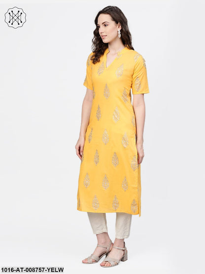 Yellow gold printed Kurta with Mandarin collar with half sleeves